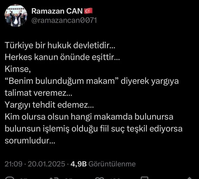 Adalet Bakan Yardımcısı Ramazan Can: “Yargıya talimat verilemez, herkes eşittir”