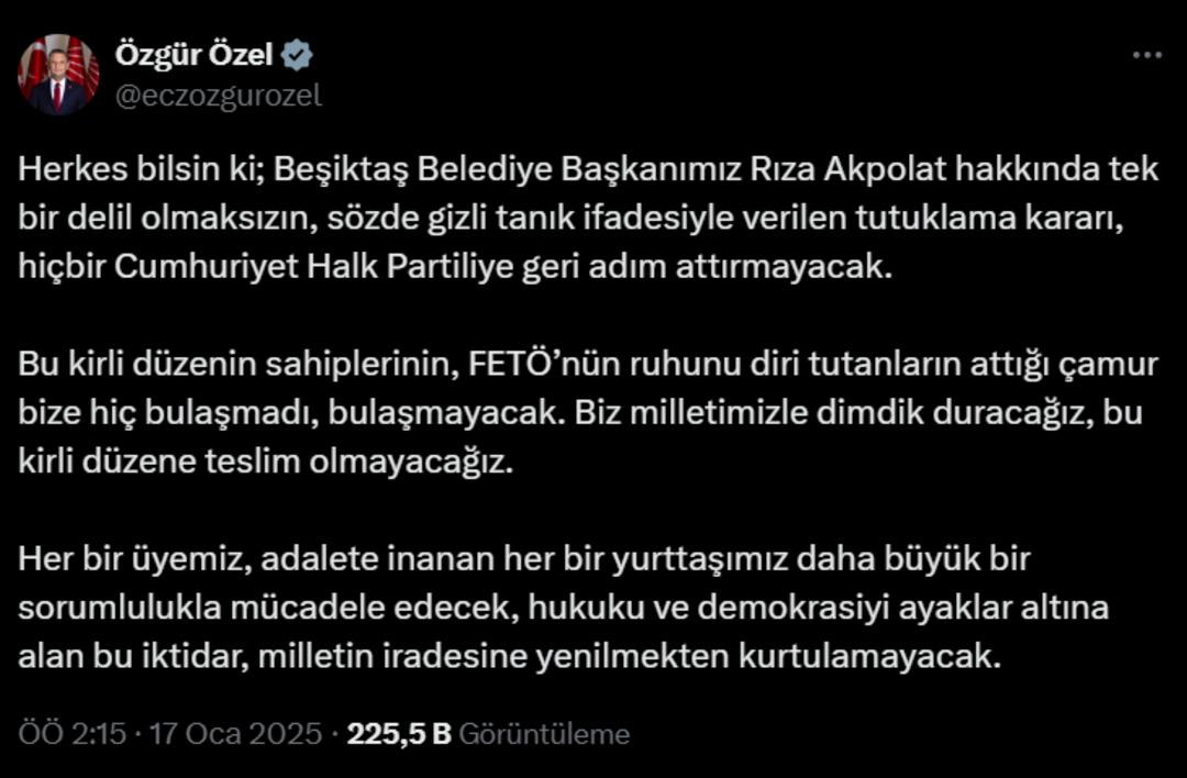 CHP lideri Özgür Özel’den Rıza Akpolat’ın tutuklanmasına tepki