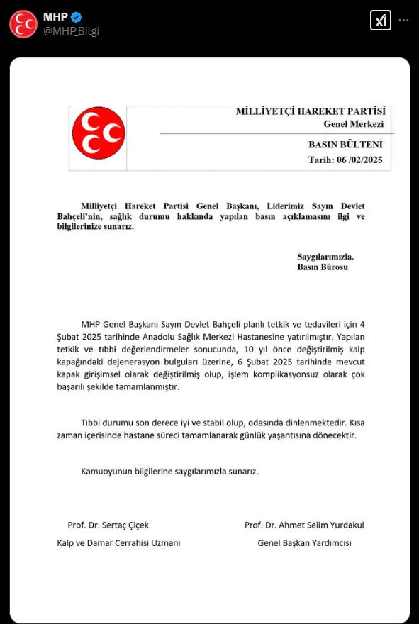 MHP’den Devlet Bahçeli’nin sağlık durumuna ilişkin açıklama: Kalp kapakçığı değiştirildi, durumu iyi