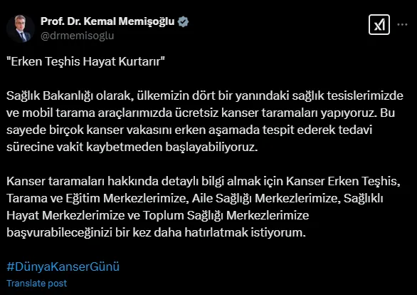 Sağlık Bakanı Memişoğlu’ndan Dünya Kanser Günü paylaşımı